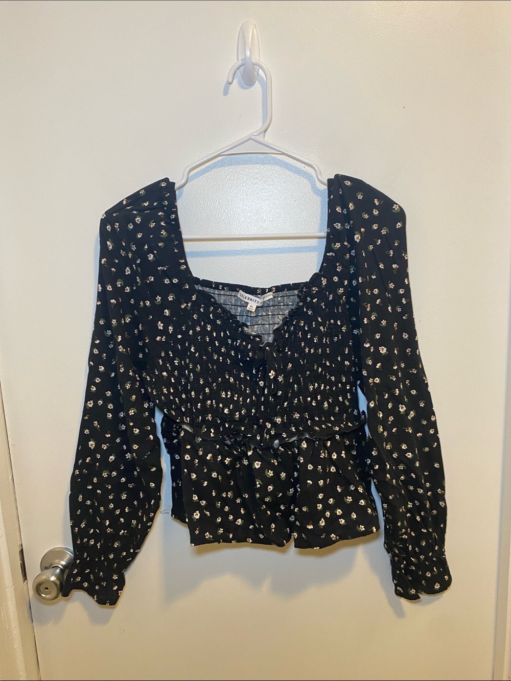 Celebrity Pink Black Floral Smocked Square-Neck Blouse